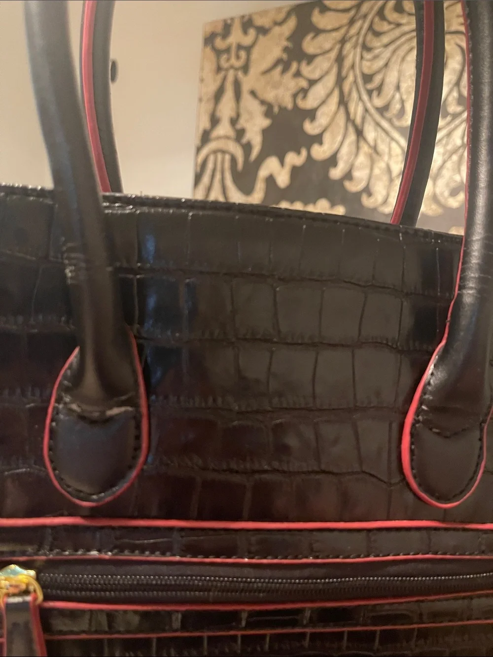 Adrienne Vittadini Black           Croc-Embossed Leather Tote Bag / Red Trim